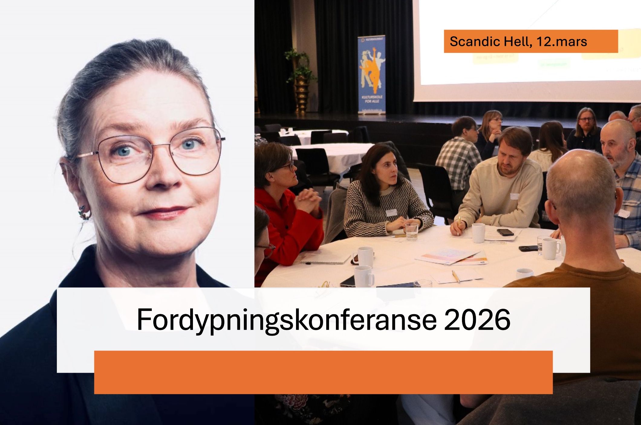 Bildecollage av Nora Kulset og en gruppe mennesker som sitter rundt et bord på konferanse